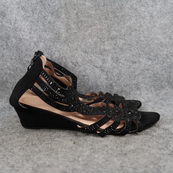 Dress Sandals Womens 9 Shoes Wedge Heel Zip Open Toe Strappy Black Classic - Picture 1 of 11